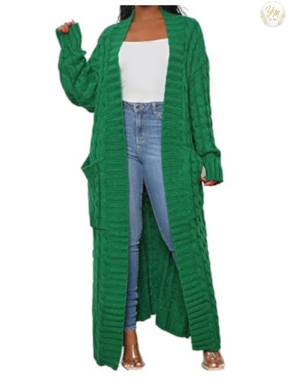 Cable Knit Open Front Long Chunky Cardigan with Pockets Loose Fit